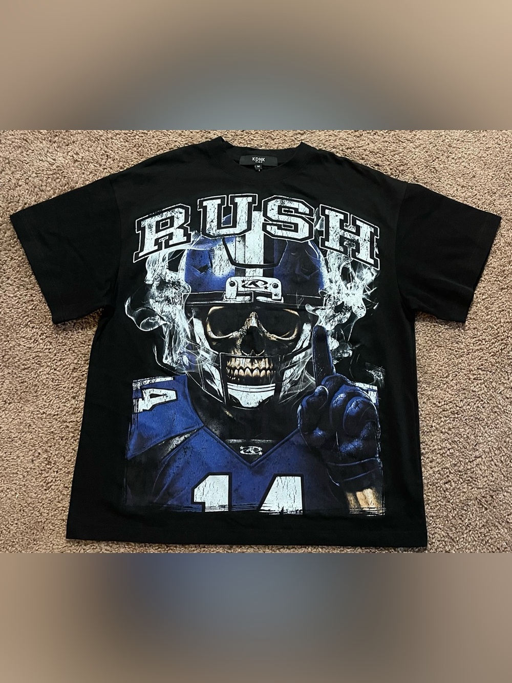 KDNK Rush Graphic Skull Football Tee - Black/Blue NWOT